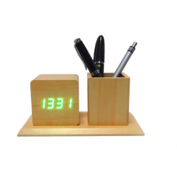Wood finish digital clock with pen stand - CGP-2068