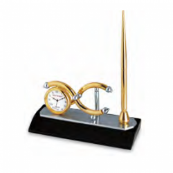 Plated desk clock with wooden base