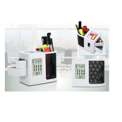 CLOCK WITH TUMBLER, STATIONARY HOLDER AND SLIDE OUT DRAWERS - CGP-2714