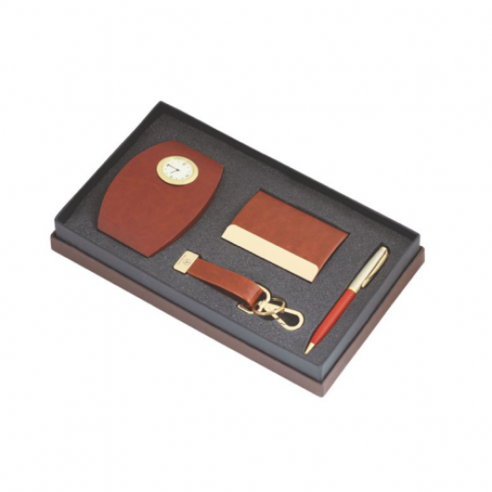 4pcs Gift Set Leather and metal visiting card holder, Pen, key chain. and a Table clock