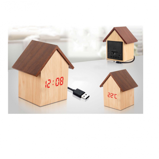 HUT SHAPE WOODEN LED CLOCK WITH TEMPERATURE AND SOUND SENSOR - CGP-2712